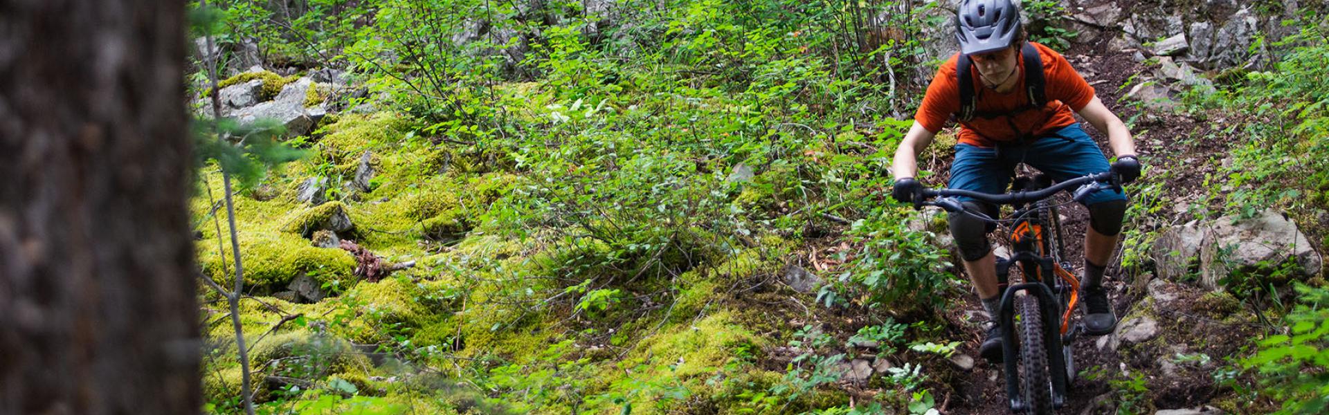 person mountain biking on trail