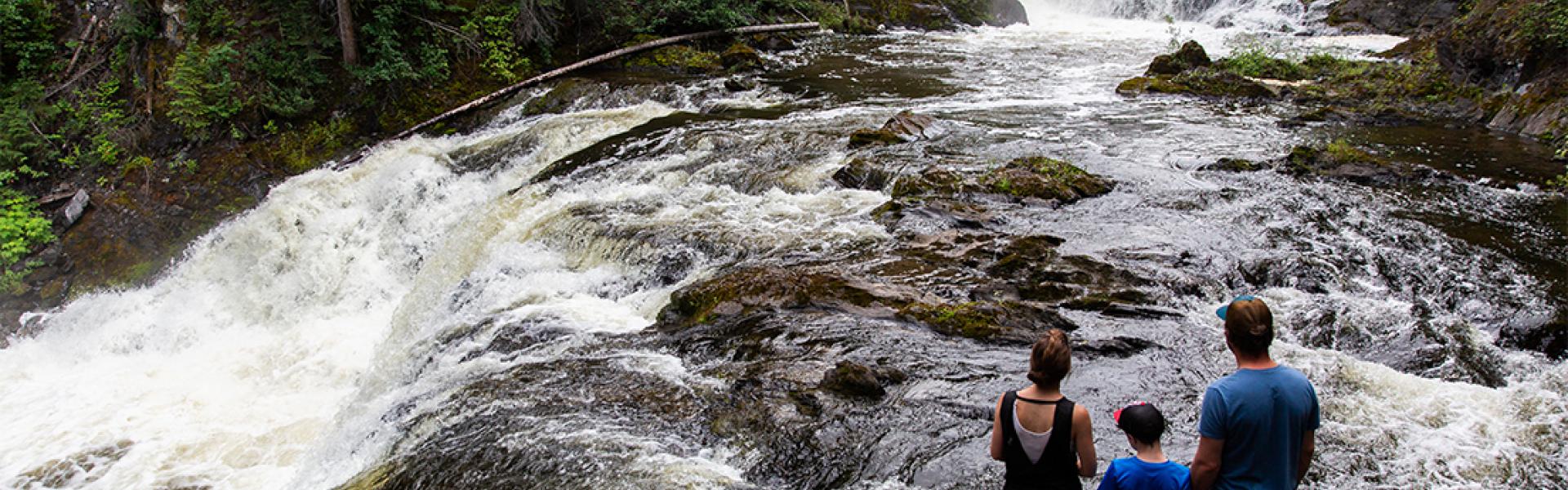 Family standing along Beavermouth Creek observing the waterfalls