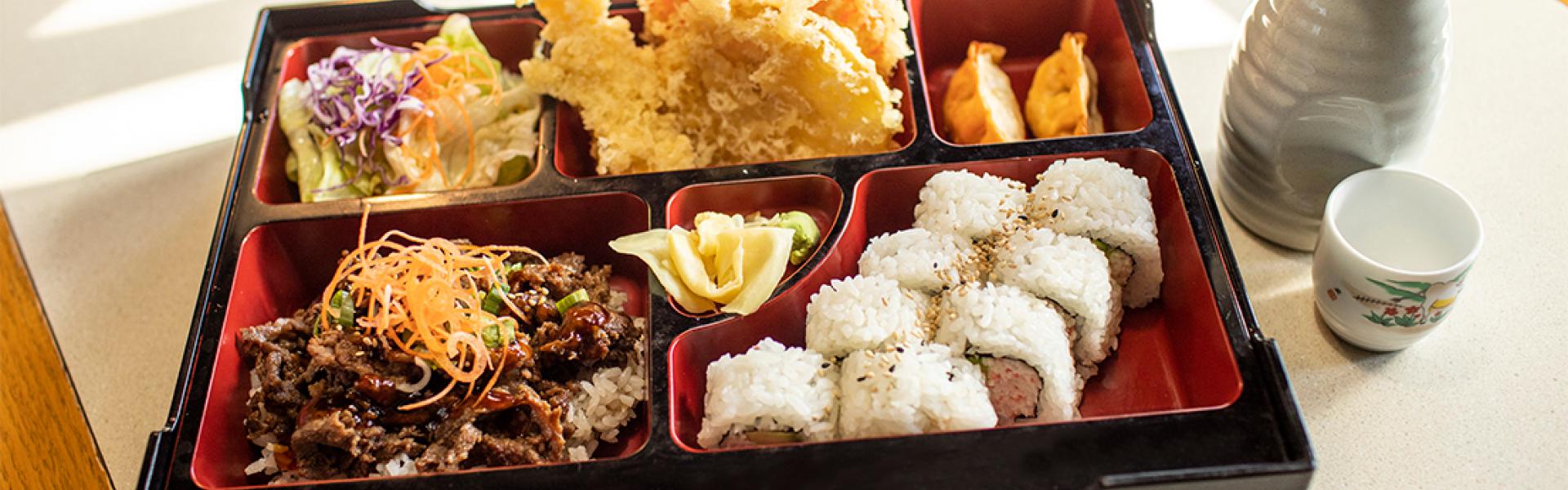 Sushi Chicken & rice, Spring rolls, Salad